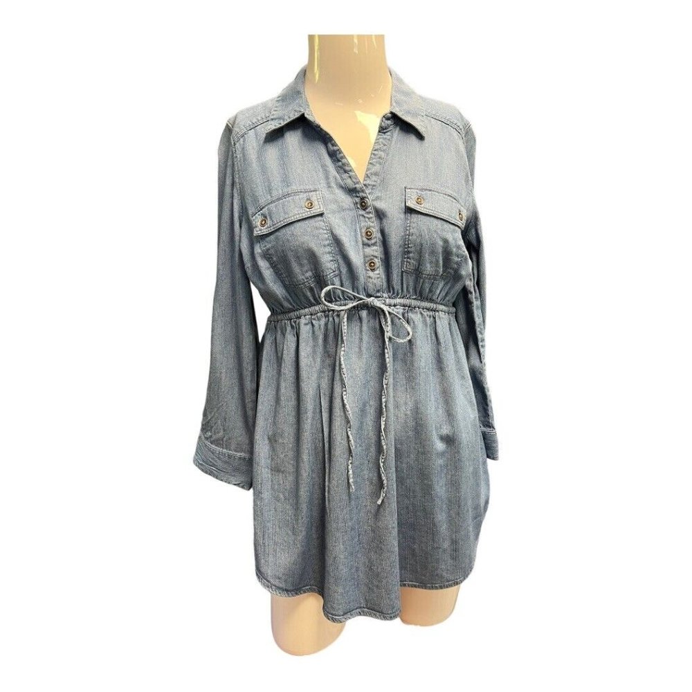 Motherhood Maternity Denim Chambray Shirt~Size S~Tie Waist Roll Tab Sleeve